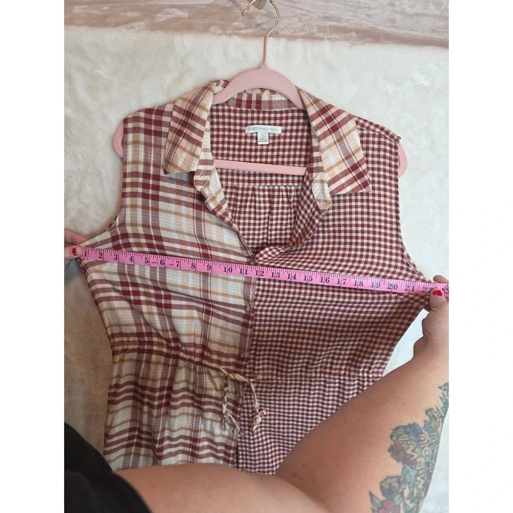 Cato Womens Large Burgundy Gingham Plaid Mixed Print Sleeveless Shirt Dress‎
